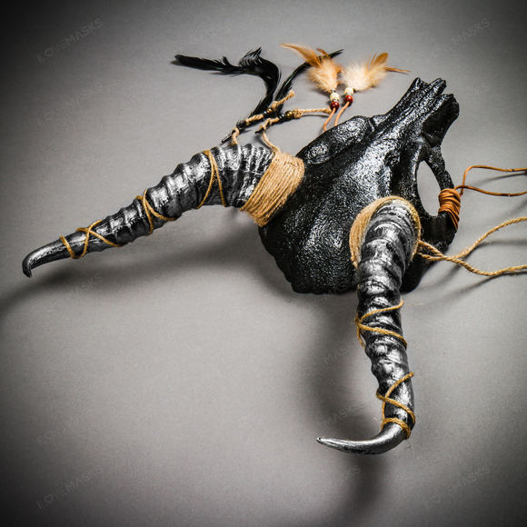 Antelope Devil Animal Skull with Silver Impala Horns Masquerade Mask - Black - Picture 9 of 10